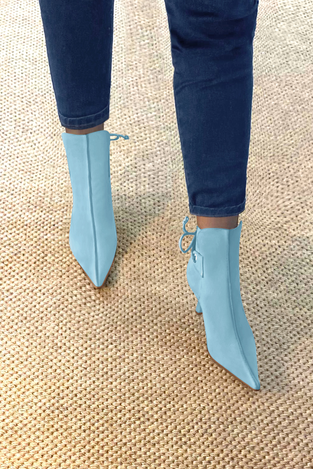 Sky blue women's ankle boots with laces at the back. Pointed toe. High slim heel. Worn view - Florence KOOIJMAN